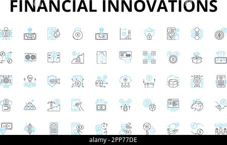 Financial innovations linear icons set. Fintech, Cryptocurrency, Blockchain, Crowdfunding, Robo-advisor, Mobile banking, Wealthtech vector symbols and Stock Vector