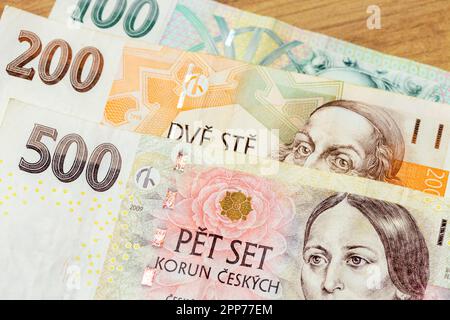 Banknotes CZK 100, 200 and 500, Economic financial concept in the Czech Republic Stock Photo