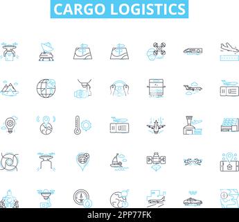 Cargo logistics linear icons set. Freight, Shipping, Transport, Supply chain, Warehouse, Distribution, Inventory line vector and concept signs Stock Vector