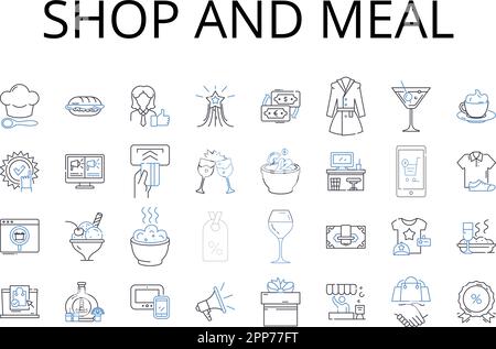 Shop and meal line icons collection. hop, Store, Boutique, Market, Emporium, Outlet, Establishment vector and linear illustration. Bazaar,Mart Stock Vector