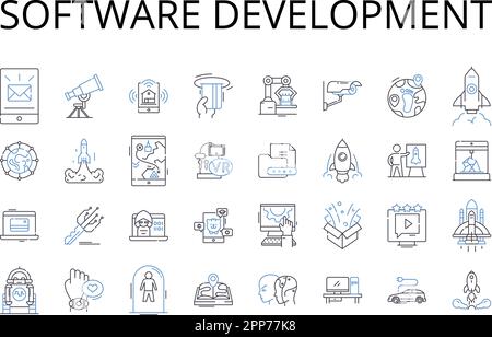 Software development line icons collection. Website design, Social media, Financial planning, Game development, Graphic design, Digital marketing Stock Vector