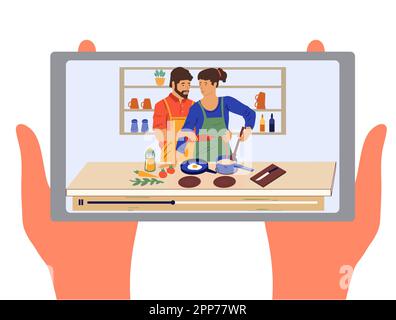 Cooking on kitchen. Food vlog. Watching meal preparing video on smartphone. Mobile technology. Phone in arms. Culinary tutorial player. Course online. Recipe streaming. Hobby blog. Vector illustration Stock Vector