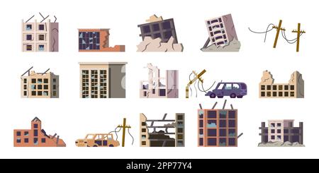 Ruined building set. Buildings after earthquake. Cartoon abandoned flat style isolated city elements, collapsed and broken houses and property, card and power lines. Vector dilapidated homes set Stock Vector