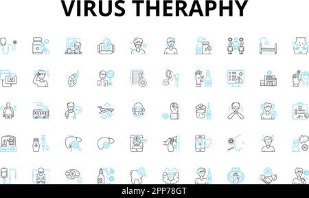 Virus theraphy linear icons set. Immunotherapy, Gene therapy, Antivirals, Vaccines, Antibodies, Retrovirus, Oncolytic vector symbols and line concept Stock Vector