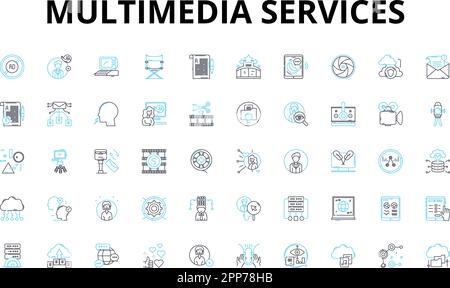 multimedia services linear icons set. Animation, Audio, Branding, Cinematography, Content, Design, Editing vector symbols and line concept signs Stock Vector