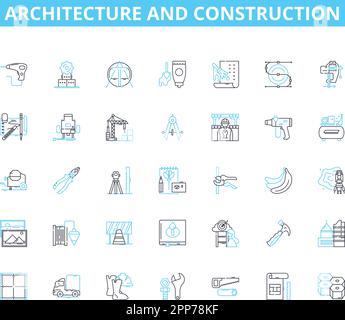 Architecture and construction linear icons set. Blueprint, Foundation, Modern, Traditional, Structure, Design, Innovation line vector and concept Stock Vector