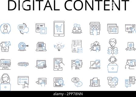 Digital content line icons collection. Online presence, Electronic media, Virtual assets, Cyber information, Web data, Computerized material Stock Vector