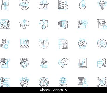 Work environment linear icons set. Productivity, Collaboration, Efficiency, Communication, Culture, Workspace, Ergonomics line vector and concept Stock Vector