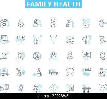 Family health linear icons set. Nutrition, Exercise, Hygiene, Sleep, Vaccines, Prevention, Medicine line vector and concept signs. Checkups,Therapy Stock Vector