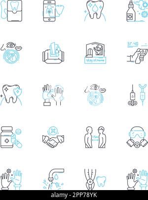 Tooth maintenance linear icons set. Flossing, Brushing, Mouthwash, Fluoride, Cavity, Plaque, Tartar line vector and concept signs. Braces,Whitening Stock Vector