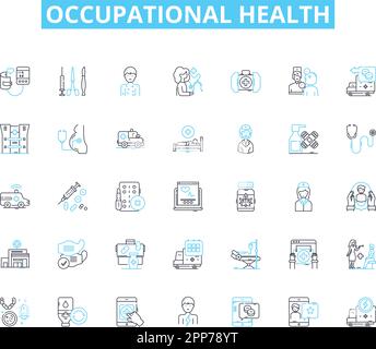 Occupational health linear icons set. Ergonomics, Hazards, Vaccinations, PPE, Wellness, Safety, Compliance line vector and concept signs. Inspection Stock Vector