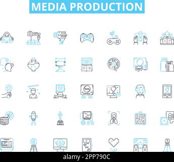 Media production linear icons set. Film, Video, Audio, Multimedia, Podcast, Broadcasting, Recording line vector and concept signs. Cinematography,Post Stock Vector