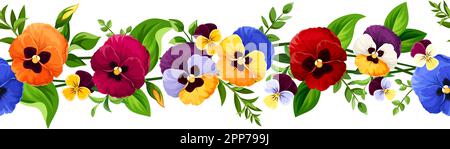 Horizontal seamless border with red, orange, yellow, blue, and purple pansy flowers. Vector illustration Stock Vector