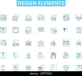 Design elements linear icons set. Color, Typography, Layout, Shape, Texture, Composition, Contrast line vector and concept signs. Balance,Unity Stock Vector