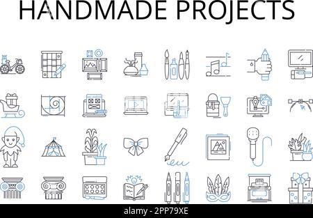 Handmade projects line icons collection. Crafty creations, Artisanal goods, Homemade dishes, Bespoke furniture, Handcrafted jewelry, Artistic Stock Vector