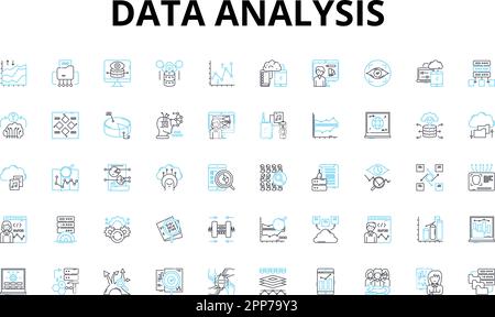 Data analysis linear icons set. Analytics, Big data, Insights, Metrics, Visualization, Dashboards, Statistics vector symbols and line concept signs Stock Vector