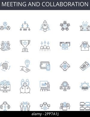 Meeting and collaboration line icons collection. Discussion and conversation, Decision-making and resolution, Brainstorming and ideation, Nerking and Stock Vector