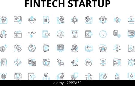Fintech startup linear icons set. Disruption, Innovation, Blockchain, Cryptocurrency, Mobile, Digital, Financial vector symbols and line concept signs Stock Vector