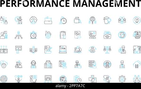 Performance management linear icons set. Metrics, Feedback, Goals, Appraisal, Evaluation, Development, Performance vector symbols and line concept Stock Vector