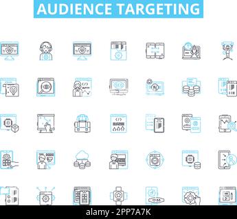 Audience targeting linear icons set. Demographics, Psychographics, Segmentation, Persona, Interests, Behavior, Affinity line vector and concept signs Stock Vector