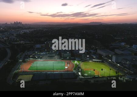 A general overall aerial view of the track and soccer field at Jesse Owens Stadium and Reeder Baseball field on the campus of Cal State LA, Thursday, April 20, 2023, in Los Angeles. Stock Photo