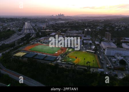 A general overall aerial view of the track and soccer field at Jesse Owens Stadium and Reeder Baseball field on the campus of Cal State LA, Thursday, April 20, 2023, in Los Angeles. Stock Photo