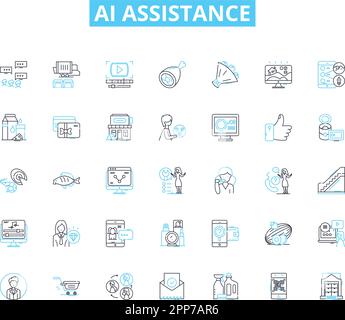 Ai assistance linear icons set. intelligent, automated, responsive, chatbot, virtual, voice-activated, algorithmic line vector and concept signs Stock Vector