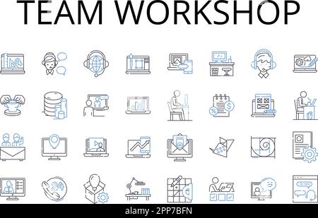 Team workshop line icons collection. Group brainstorm, Joint venture, Collective effort, Mutual collaboration, Partner meeting, Coordinated action Stock Vector