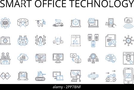 Smart office technology line icons collection. Responsive web design, Advanced algorithms, Digital marketing, Cloud computing, Social media, Wearable Stock Vector