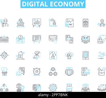 Digital economy linear icons set. E-commerce, Cryptocurrency, Blockchain, Cloud, Gig economy, Startups, Virtual line vector and concept signs. Fintech Stock Vector