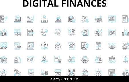 Digital finances linear icons set. Cryptocurrency, Blockchain, Fintech, Mobile payments, E-wallets, Online banking, Contactless vector symbols and Stock Vector