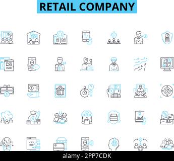 Retail company linear icons set. Products, Sales, Store, Brand, Promotions, Customer, Marketing line vector and concept signs. Discounts,Inventory Stock Vector