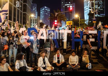 Tel Aviv, Israel. 22nd Apr, 2023. Demonstrators take part in a protest against the Israeli right-wing government. Credit: Ilia Yefimovich/dpa/Alamy Live News Stock Photo