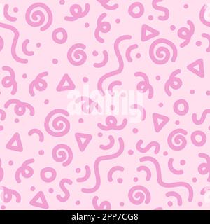 Cute pink line squiggle doodle seamless pattern in memphis style, abstract background for children or trendy design with basic shapes, vector illustration Stock Vector