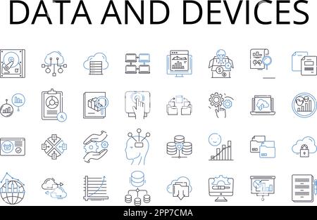 Data and devices line icons collection. Information and gadgets, Stats and tools, Facts and equipment, Figures and instruments, Records and machinery Stock Vector