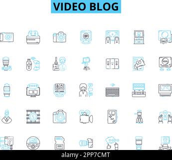 Video blog linear icons set. Vlog, Content, Camera, Editing, YouTube, Influencer, Channel line vector and concept signs. Engagement,Production Stock Vector