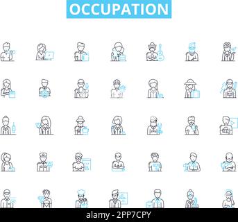 Occupation linear icons set. Doctor, Teacher, Engineer, Accountant, Lawyer, Writer, Chef line vector and concept signs. Gardener,Artist,Musician Stock Vector