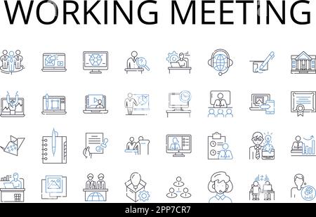Working meeting line icons collection. Planning session, Team brainstorm, Creative workshop, Productive huddle, Brain dump, Collaboration session Stock Vector