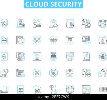 Cloud security linear icons set. Encryption, Compliance, Authentication, Cybersecurity, Firewall, Vulnerability, Audit line vector and concept signs Stock Vector