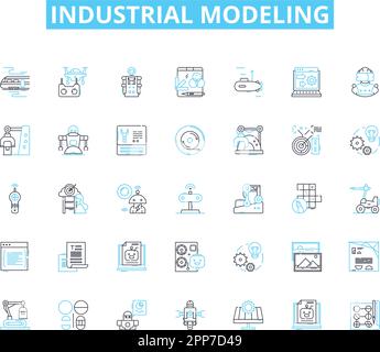 industrial modeling linear icons set. Factories, Manufacturing, Assembly, Automation, Robotics, D printing, Engineering line vector and concept signs Stock Vector