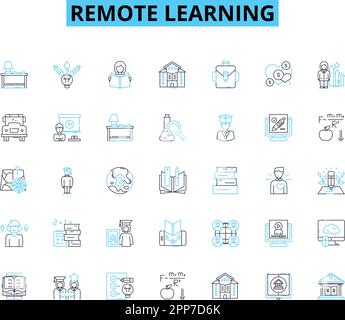 Remote learning linear icons set. Virtual, Digital, Online, Distance, E-learning, Web-based, Tele-education line vector and concept signs. Mobile,At Stock Vector