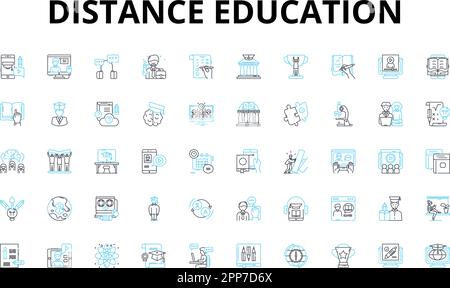 Distance education linear icons set. E-learning, Online, Digital, Virtual, Remote, Videoconferencing, Telecommunication vector symbols and line Stock Vector