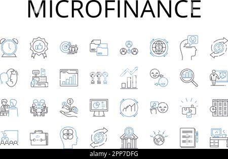 microfinance line icons collection. Crowd funding, Peer-to-peer lending, Angel investing, Venture capital, Social enterprise, Impact investing Stock Vector