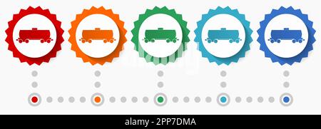 Fuel cistern wagon, train vector icon set, colorful infographic template, set of flat design badge icons in 5 color options Stock Vector