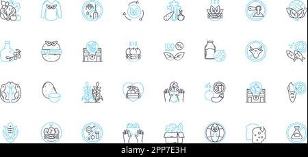 Plant-based linear icons set. Vegan, Vegetarian, Nutritious, Healthy, Organic, Sustainable, Plant-based line vector and concept signs. Non-GMO Stock Vector