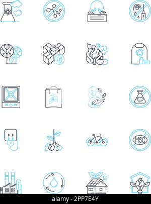Clean power linear icons set. Solar, Wind, Hydro, Geothermal, Bioenergy, Biomass, Wave line vector and concept signs. Tidal,Nuclear (fusion),Renewable Stock Vector