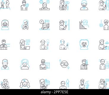 Excited energy linear icons set. Thrill, Euphoria, Enthusiasm, Anticipation, Ecstasy, Exhilaration, Zest line vector and concept signs. Pizzazz,Zeal Stock Vector