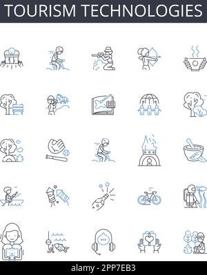 Tourism technologies line icons collection. Artificial intelligence, Social media, Virtual reality, Mobile applications, E-commerce, Online marketing Stock Vector