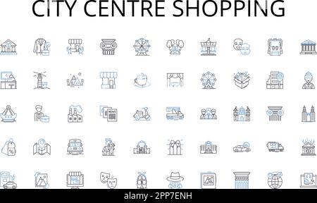 City centre shopping line icons collection. Cleaning, Sanitation, Disinfection, Maintenance, Hygiene, Sweeping, Mopping vector and linear illustration Stock Vector