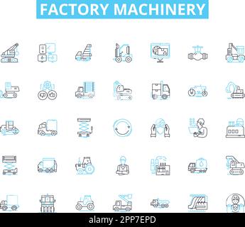 Factory machinery linear icons set. Automation, Assembly, Production, Efficiency, Robotics, Conveyors, Welding line vector and concept signs. Milling Stock Vector
